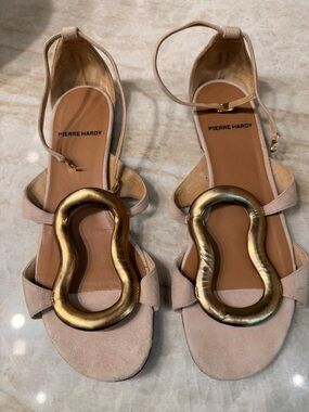 Pierre Hardy Beige Suede Sandals with Gold Sculptural Detail